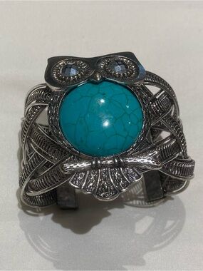 Turquoise Owl Statement Cuff Bracelet - Silver Tone